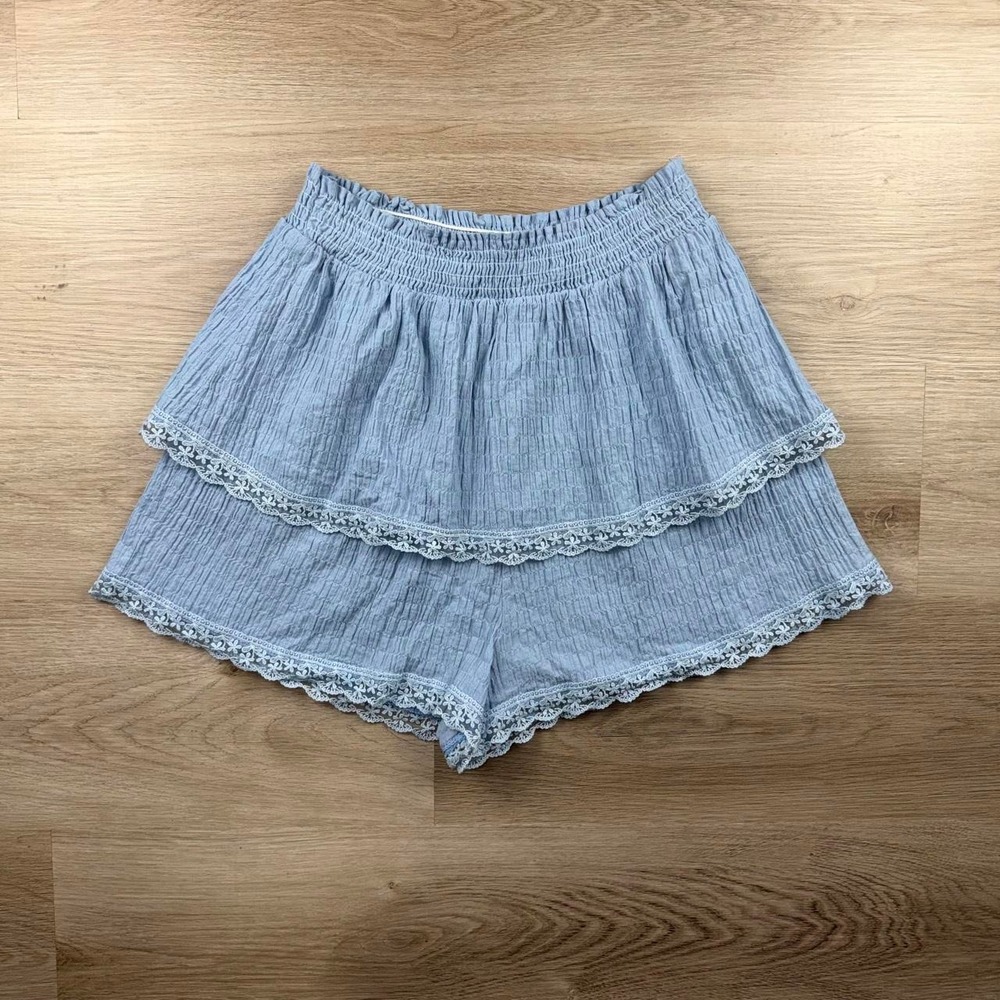 Altar'd State Soft Blue Crinkle Gauze Tiered Lace Trim Skort L